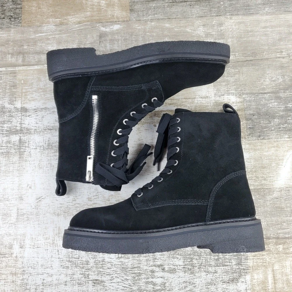Saint Morta Chunky Mens Ankle Boots Sz 9 Black Leather Lace-Up Side Zipper